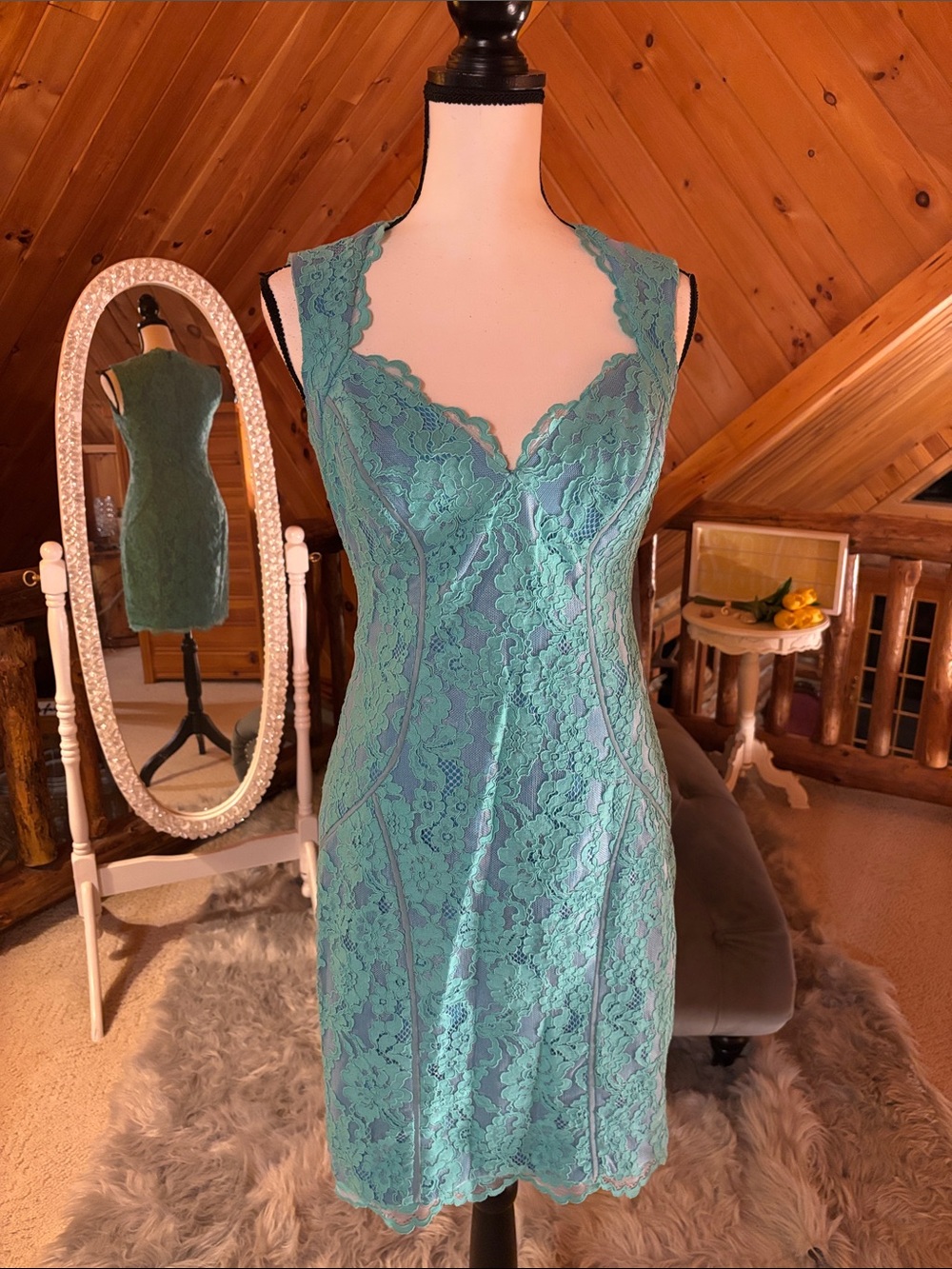 Nicole Miller Teal Lace V-Neck Slip Dress